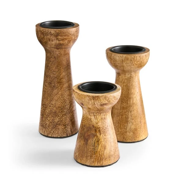Set Of 3 Mango Wood Candle Holders - Image 3