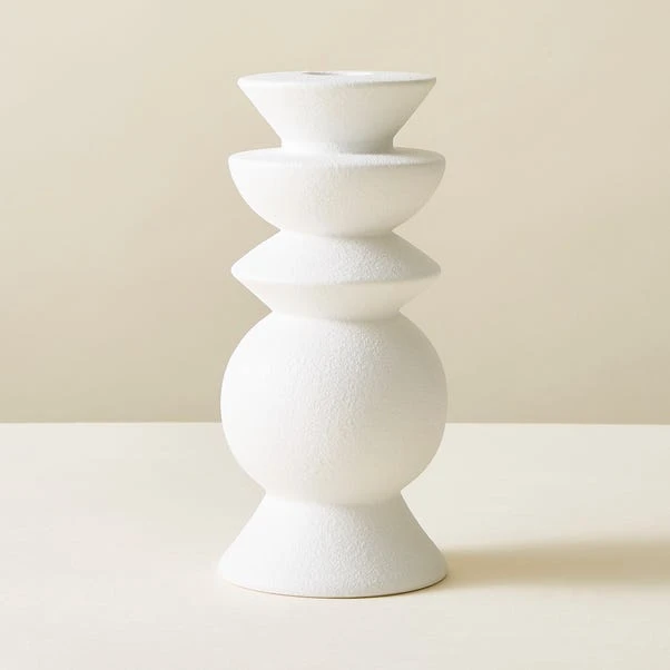 White Textured Ceramic Candlestick Holder - Image 2