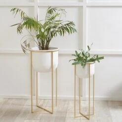 Set Of 2 White & Gold Metal Plant Stands