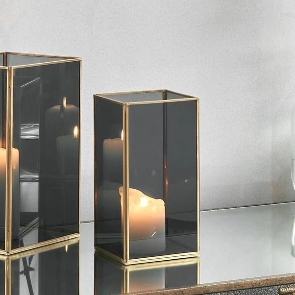 Brass & Smoked Glass Panelled Square Hurricane Candle Holder - Image 5