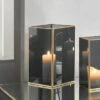 Brass & Smoked Glass Panelled Square Hurricane Candle Holder